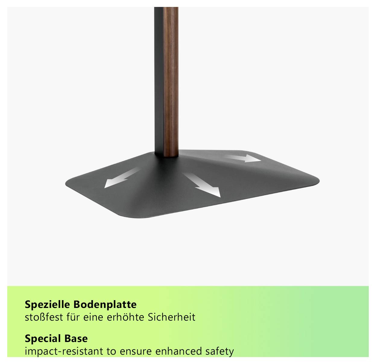 'Special Base' text below an image of a square base with corner arrows, highlighting its impact-resistant feature for enhanced safety.