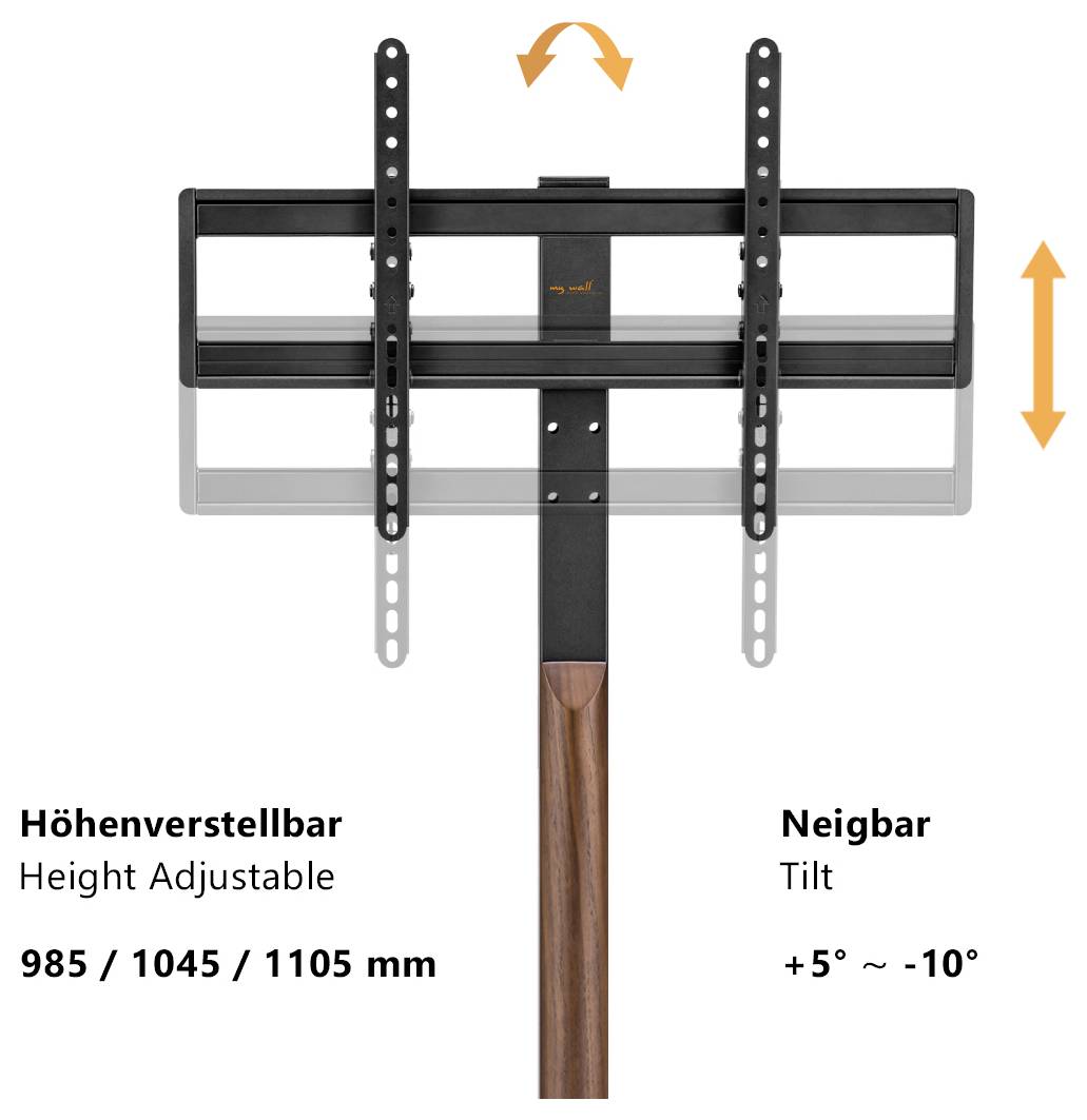 'Height Adjustable' TV mount with tilt feature (+5° to -10°). Three height options shown: 985, 1045, 1105 mm.