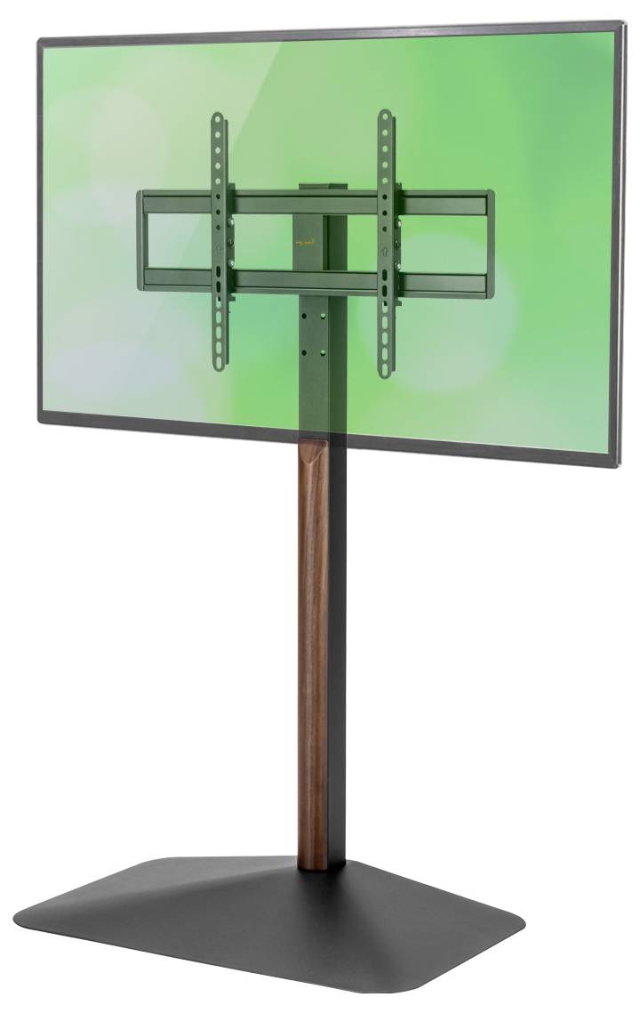 A flat-screen TV mounted on a sleek, modern floor stand with a green background visible on the screen.