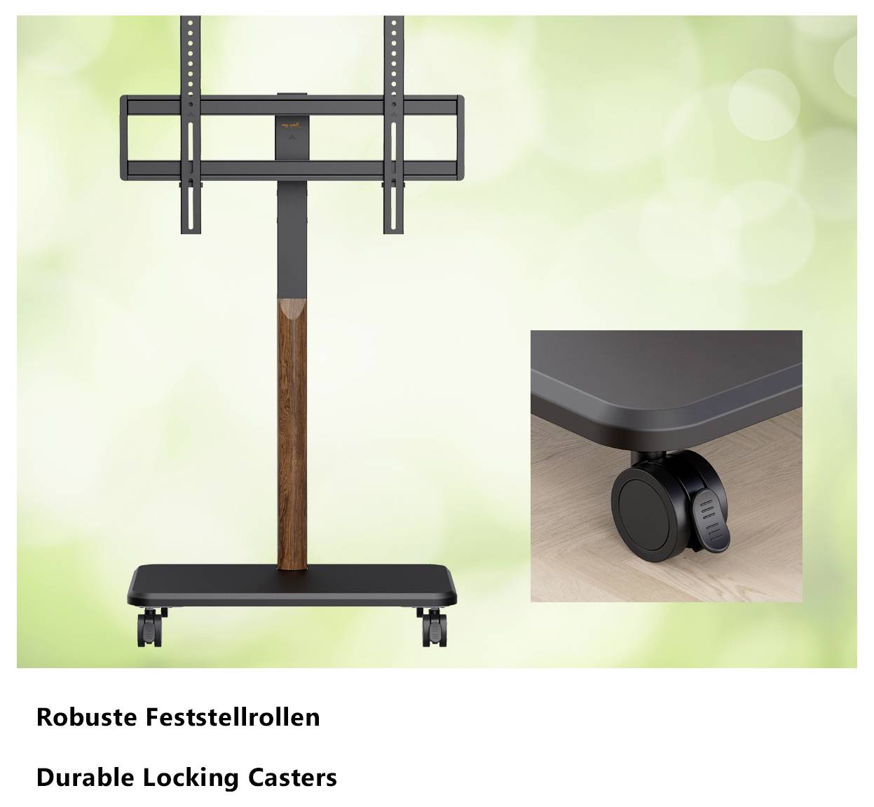 'Robuste Feststellrollen' and 'Durable Locking Casters' are shown below a mobile TV stand with a close-up of its caster wheel.