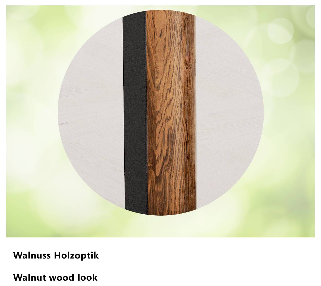 'Walnut wood look' finish sample, showing a vertical strip with natural walnut tones against a light background.