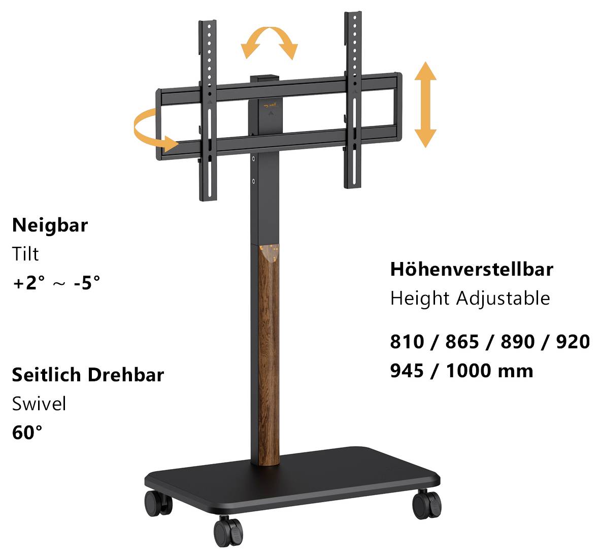 'TV stand with wheels features tilt (-5° to +2°), 60° swivel, and adjustable height (810 to 1000 mm).'