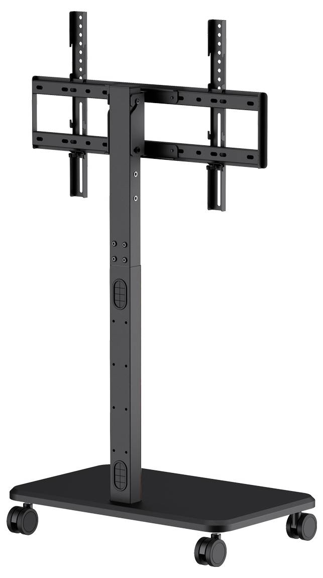 A black mobile TV stand with a height-adjustable mount on a wheeled base, suitable for supporting large screens in various settings.