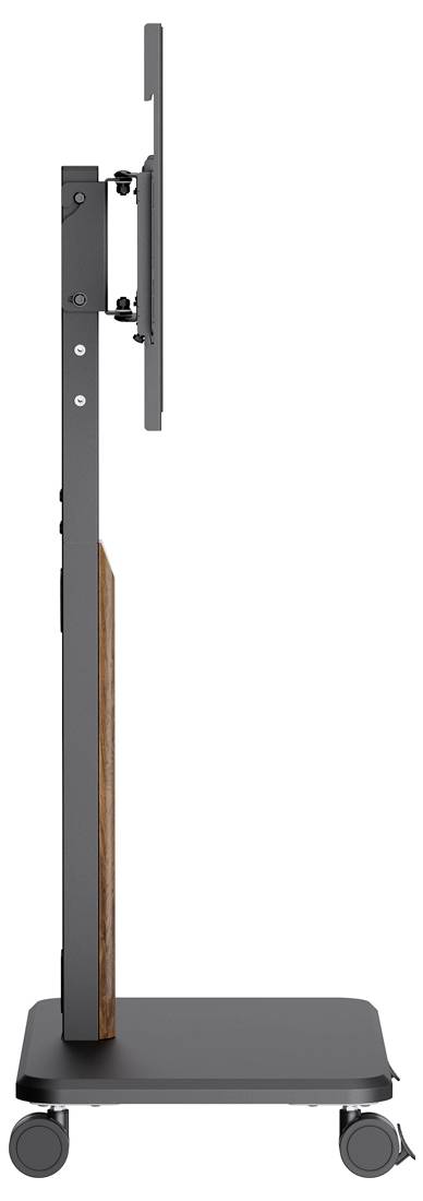 A mobile TV stand with a flat screen mount, four wheels, and a black and wood finish, shown from the side on a white background.