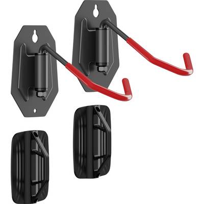 A pair of wall-mounted hooks with red grips for securely hanging items, and two black plastic brackets, used for organizing or storing gear.