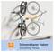 'Swiveling Hook' is demonstrated with a bicycle hanging vertically on a wall. The hook allows for a swing of +90° to -65°.