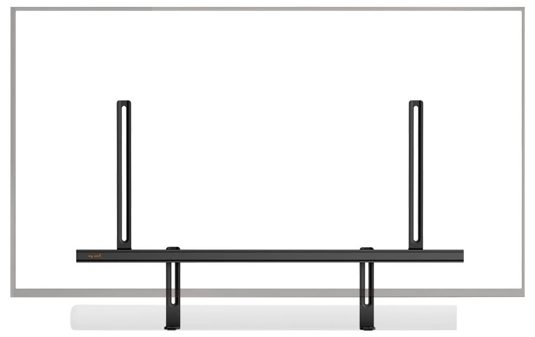 A TV stand with a sleek, minimalist design, featuring a horizontal base and two vertical supports, placed in front of a large screen.