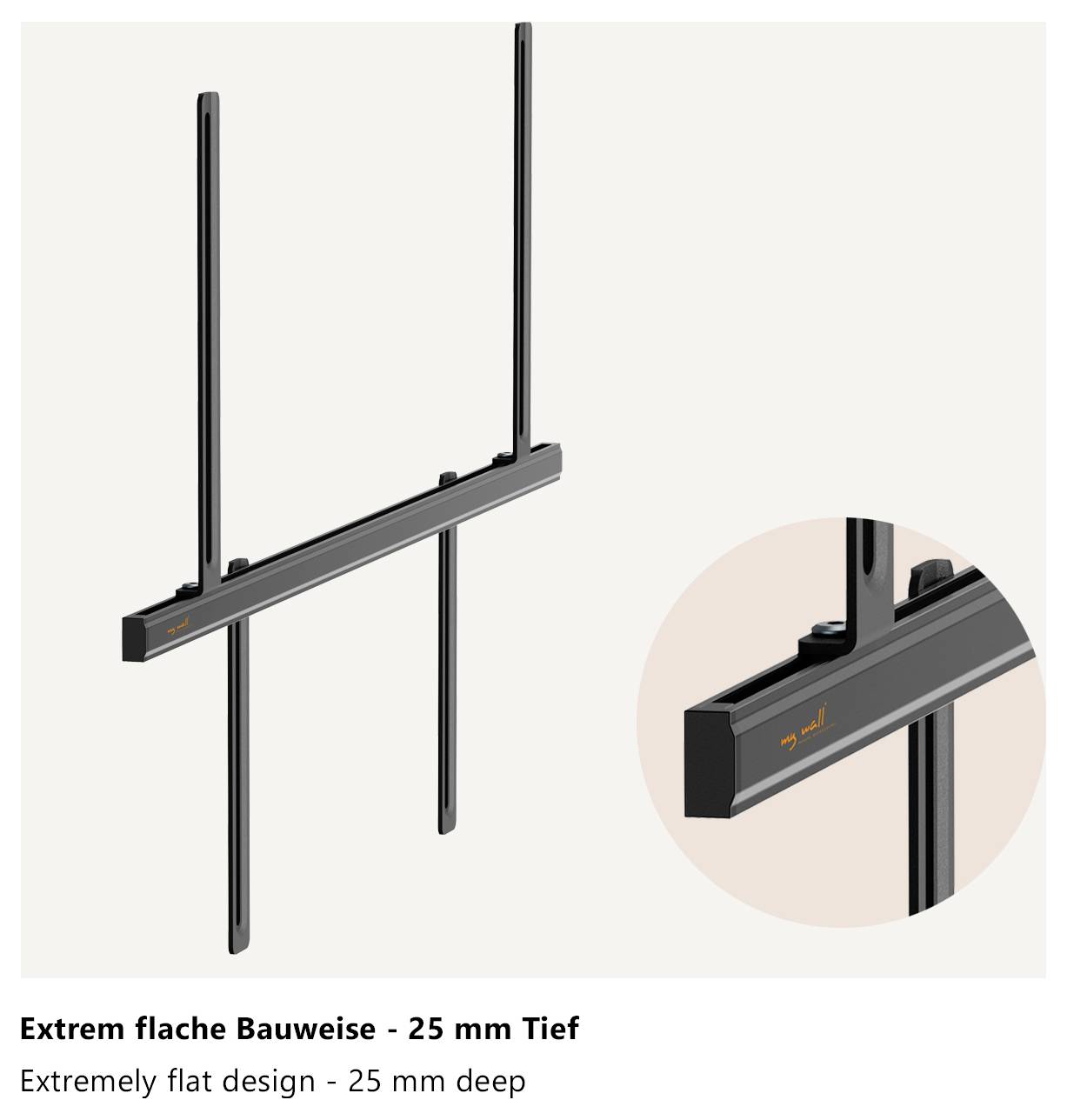 'Extremely flat design - 25 mm deep' bracket for wall-mounting displays.