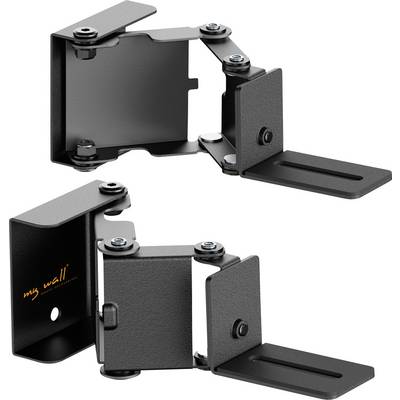 A wall mount bracket consisting of two pivoting joints and adjustable plates for supporting and positioning devices, in matte black metal.
