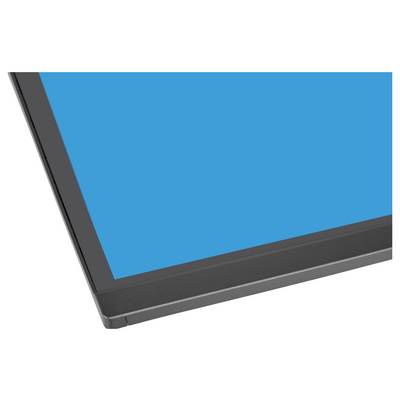 A section of a modern laptop screen with a blue display against a white background, highlighting the slim bezel design.