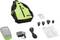 An electronic device and accessories kit, including a green touchscreen device, power adapter, cables, various plug adapters, user manuals, and a green and black carrying case.