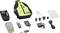 A diagnostic equipment kit including a device with screen, charger, multiple plugs, cables, instruction manuals, and a green carrying bag.