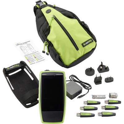 'NetAlly' network testing kit with a green/black device, interchangeable plugs, adapters, and a carrying case, placed on a white background.