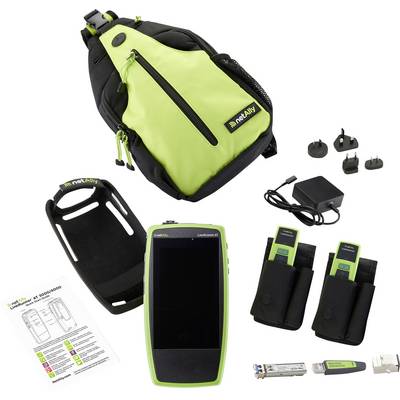 'Network tester kit with main device, power adapters, two smaller handheld devices, user manual, carrying pouch, and charger.'