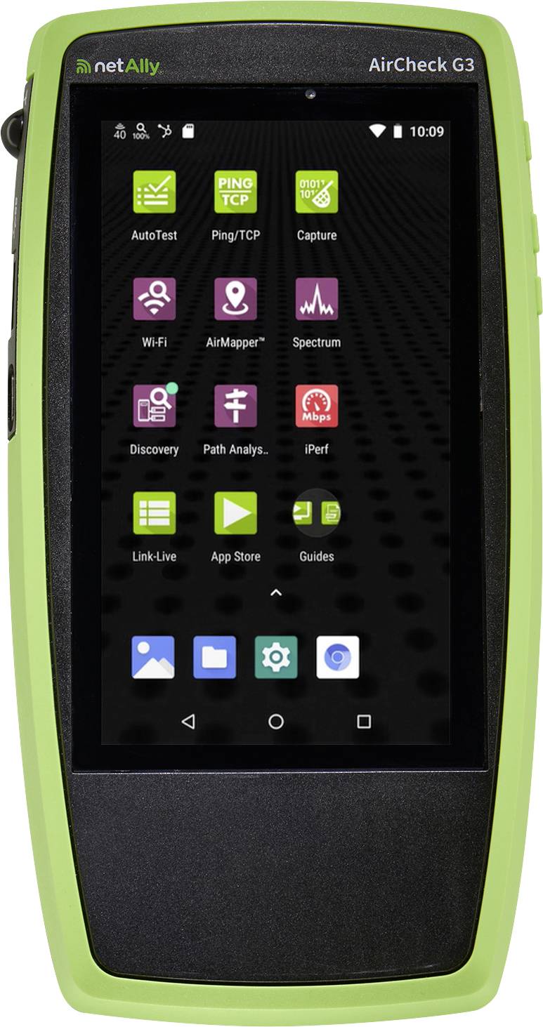 A handheld network testing device with a touchscreen interface displaying icons for testing, mapping, capturing, and analysis tools.