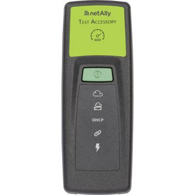 'netAlly Test Accessory' device, features a green power button, icons for cloud, DHCP, and lightning, with a speedometer symbol above.