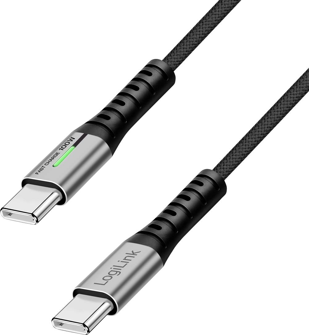 'A black braided USB-C to USB-C cable with one end labeled "LogiLink" and the other end displaying "100W Fast Charge" with a green indicator.'