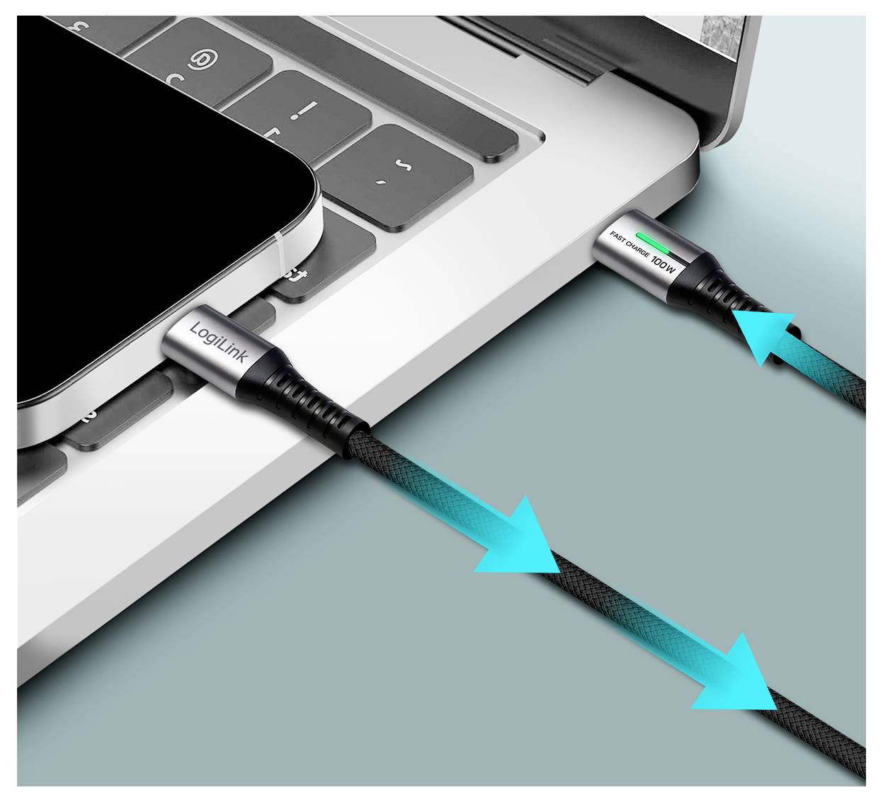 'LogiLink' cable connected to laptop and smartphone, illustrating charging or data transfer from device to laptop. Blue arrows indicate flow.
