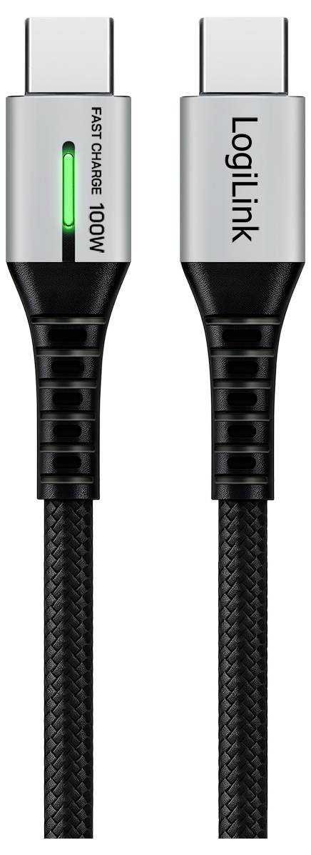 'LogiLink USB-C cable with text 'FAST CHARGE 100W', featuring braided texture and green indicator light on connector.'