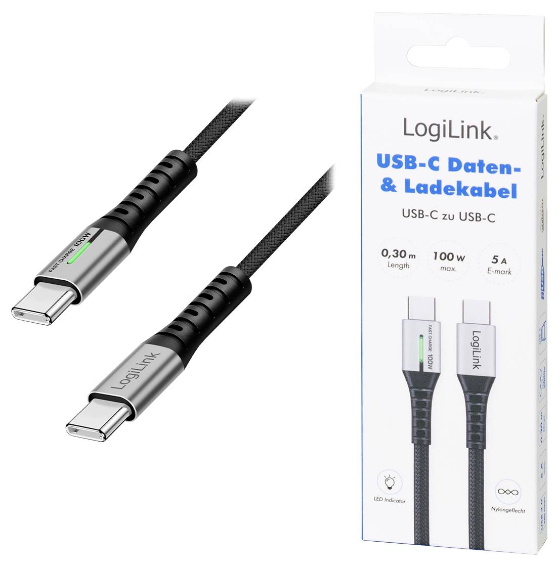 Two USB-C cables designed for data transfer and charging, labeled with 'LogiLink'. Packaging indicates 0.30m length, 100W max, 5A.