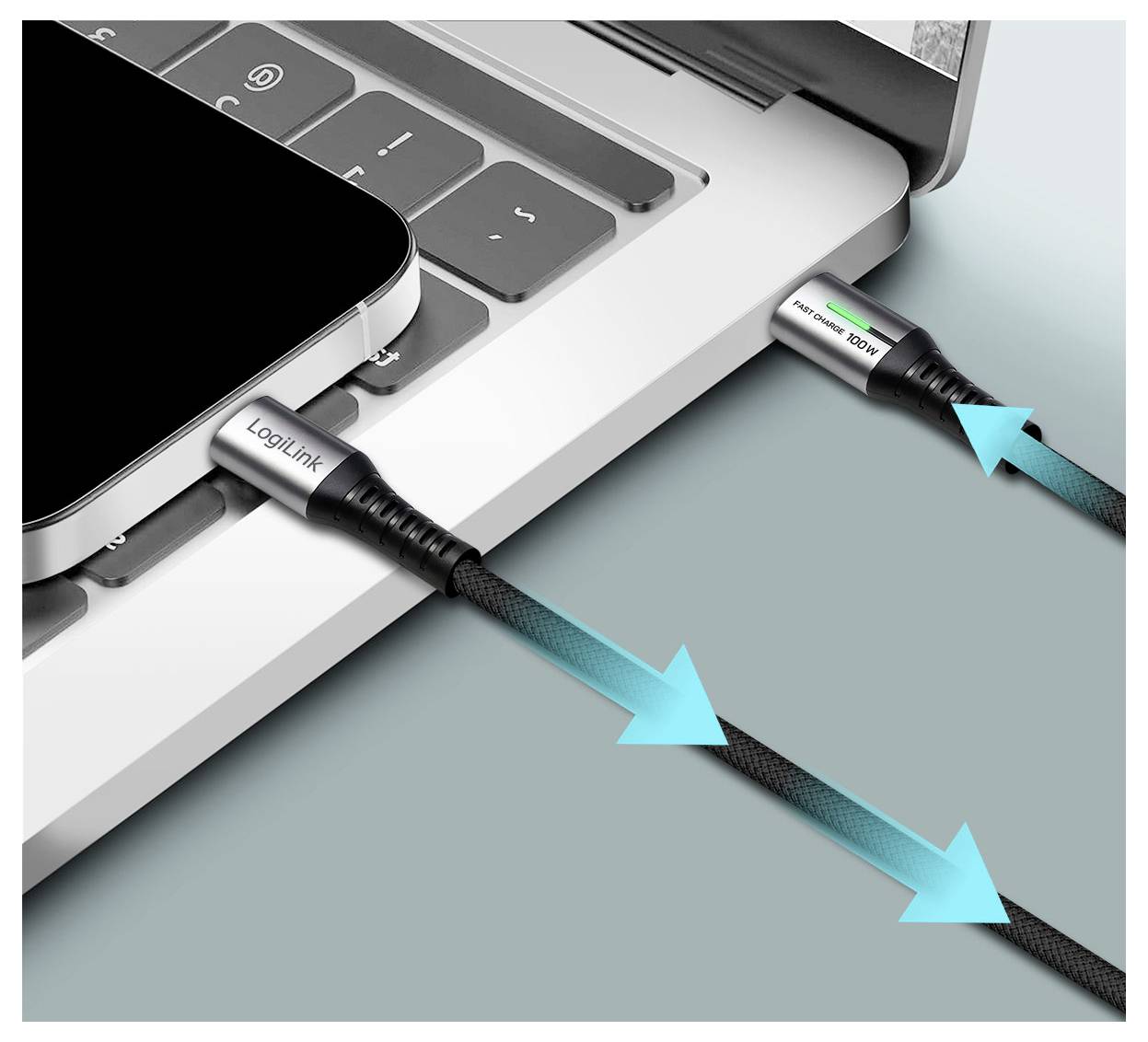 A phone, connected to a laptop via a USB cable, transfers data, indicated by blue arrows along the cable.
