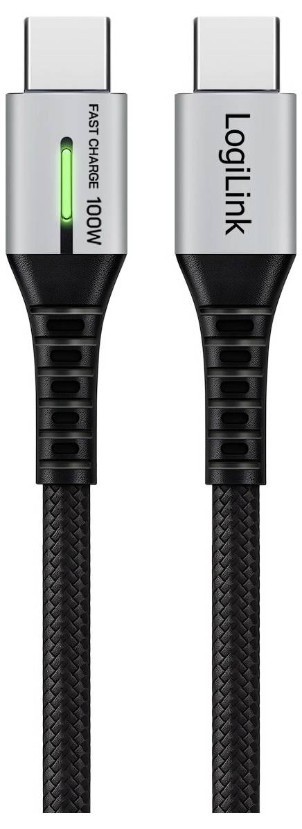 'LogiLink' USB-C to USB-C cable with 'Fast Charge 100W' and green indicator light, showing a black braided cable design.