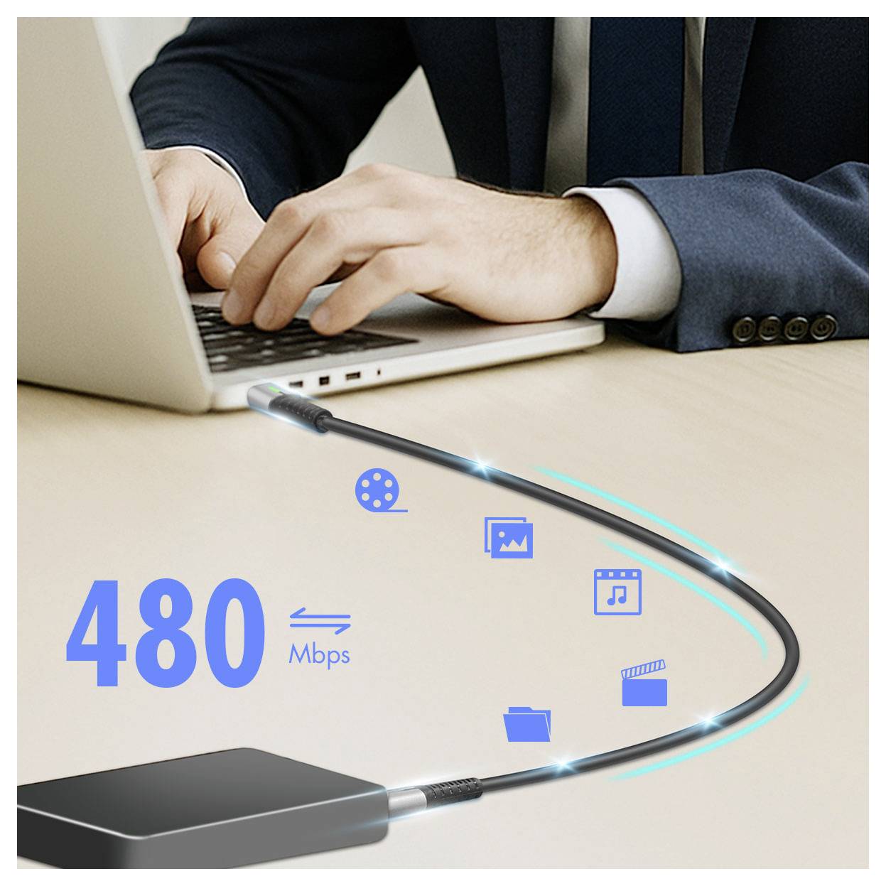 A person types on a laptop. A USB cable is highlighted, showing icons for film, music, data transfer, and text, with '480 Mbps' speed.