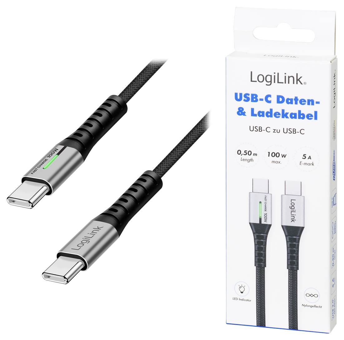 USB-C black data and charging cable with 'LogiLink' branding, shown alongside its box packaging which highlights details like length and features.