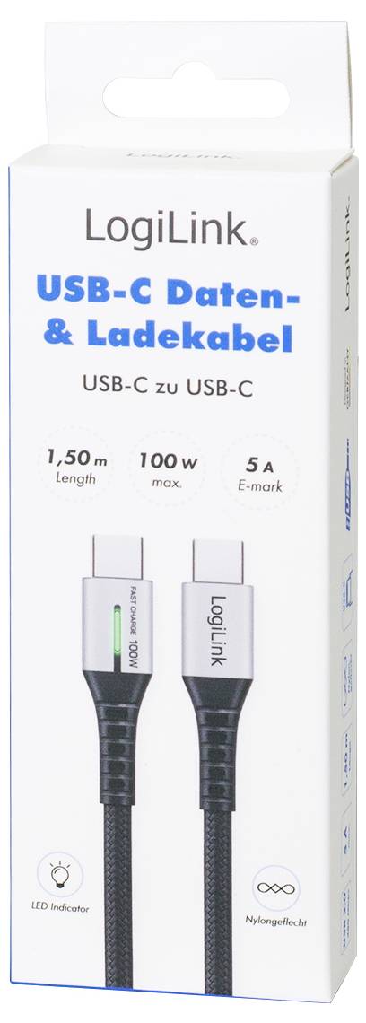 'LogiLink USB-C to USB-C Data & Charging Cable, 1.5m length, 100W max, 5A E-mark, LED indicator, Mylar shielding' displayed on packaging.