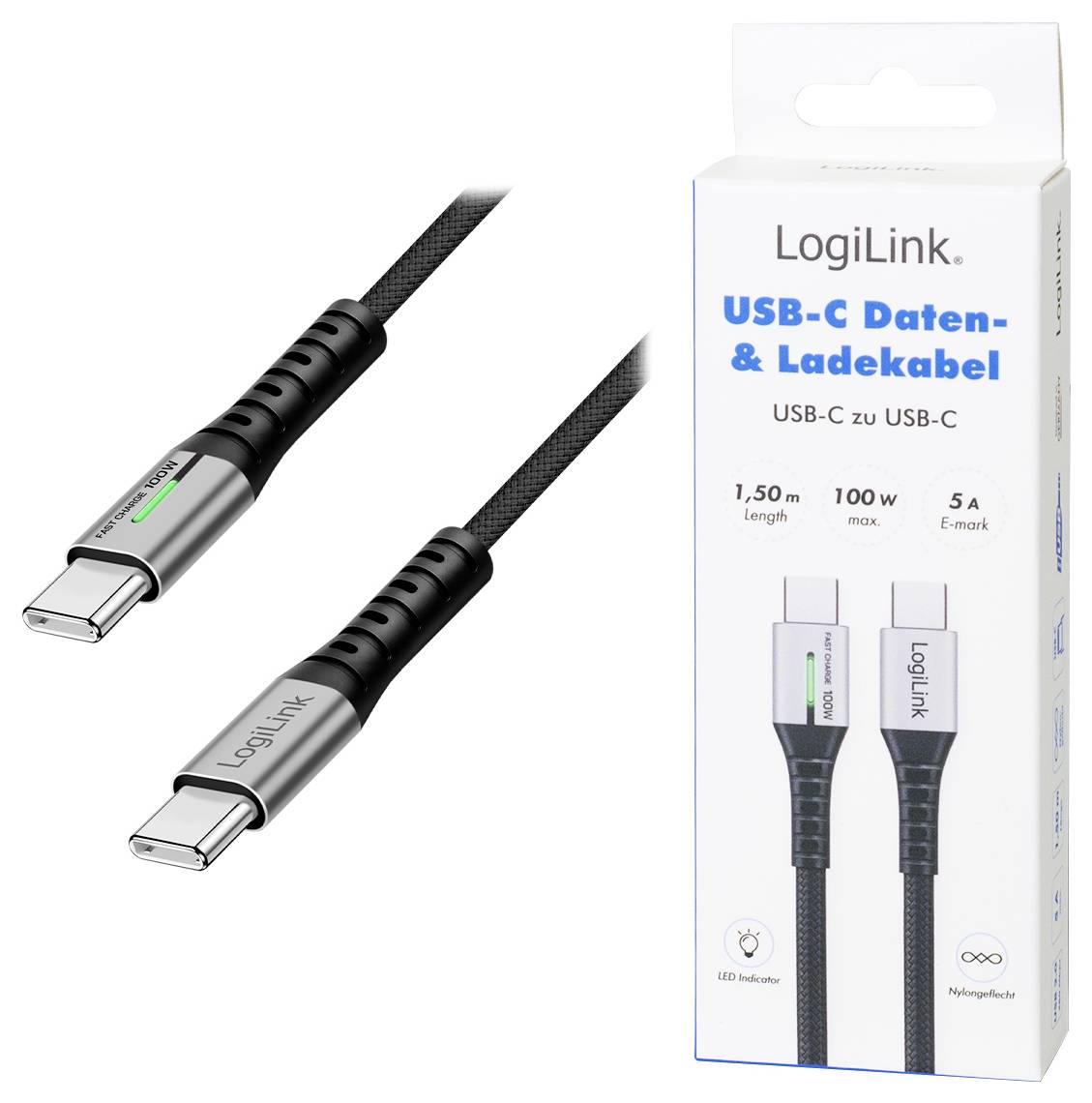 'LogiLink USB-C Data and Charging Cable' packaging shows a black cable with silver connectors. Advertised as 1.5 meters long, 100W max, 5A.