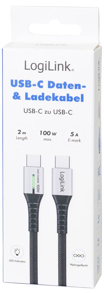 'LogiLink USB-C to USB-C data and charging cable, 2m, 100W with E-mark, 5A, LED indicator' packaging.