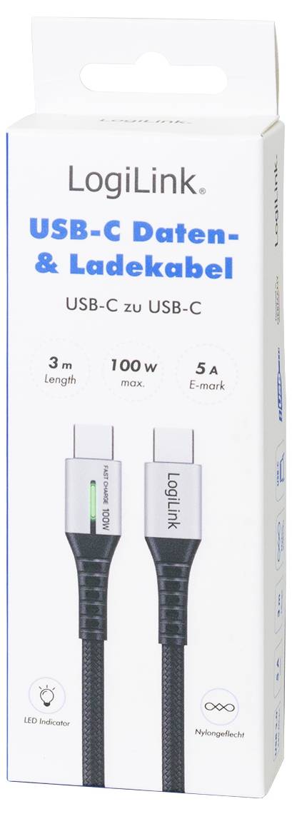 'LogiLink USB-C Data & Charging Cable' packaging shows a 3-meter cable with 100W and 5A rating, featuring USB-C to USB-C connectors.