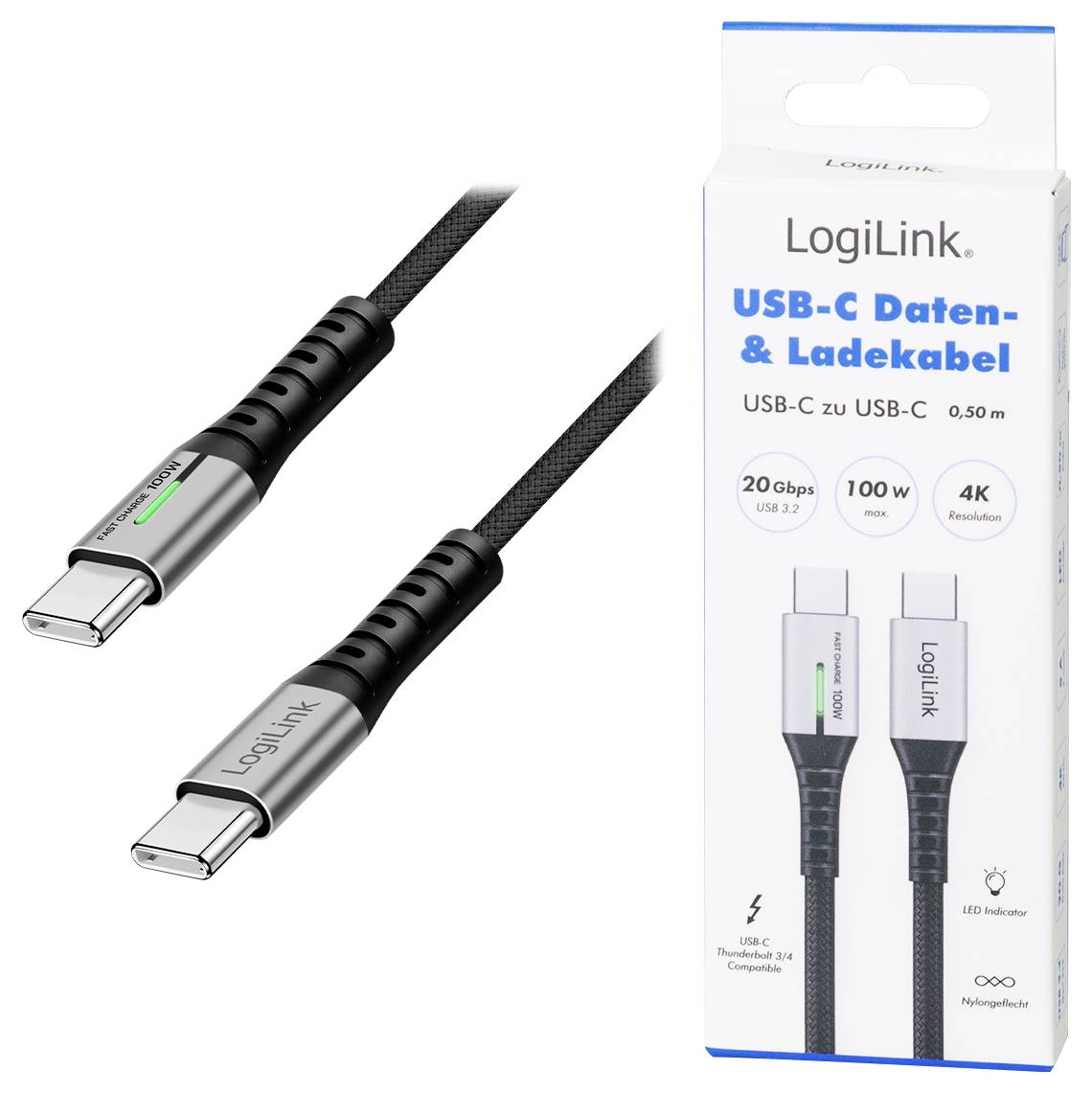 'LogiLink USB-C Daten-& Ladekabel', 0.5m; supports 20Gbps, USB 3.2, 100W charging, 4K resolution; features LED indicator.
