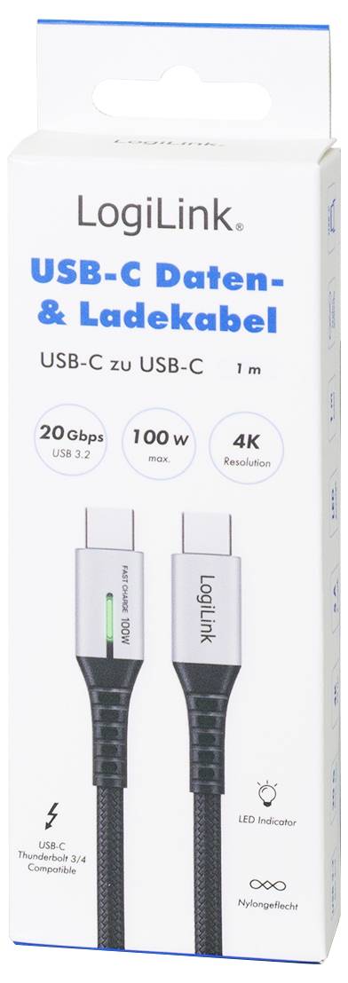 LogiLink USB-C to USB-C cable packaging, 1m length, supports 20Gbps data transfer, 100W power, 4K resolution, LED indicator.