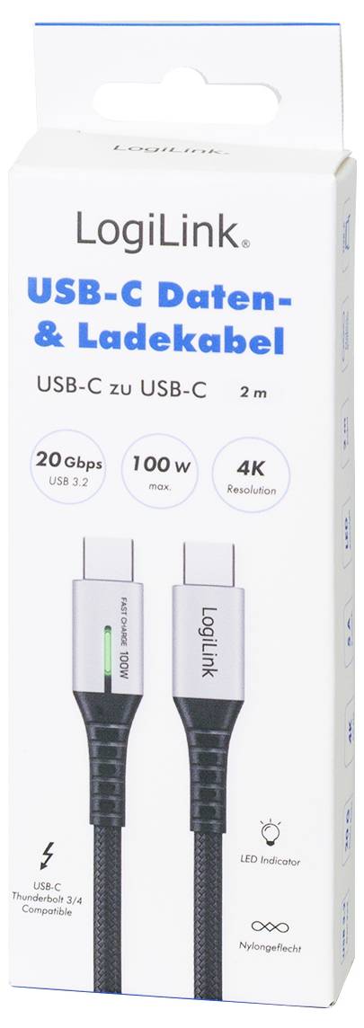 Packaging for a LogiLink USB-C data and charging cable, 2 meters, supporting 20 Gbps, 100W, USB 3.2, 4K resolution, with LED indicator.