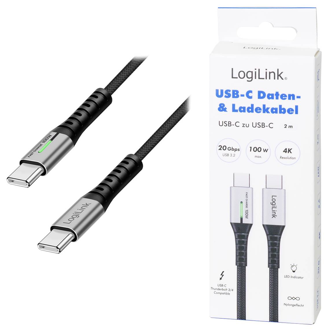 'USB-C Daten- & Ladekabel', USB-C to USB-C cable, 2 meters, 20 Gbps speed, 100W power, 4K resolution, LogiLink branding, shown with packaging.