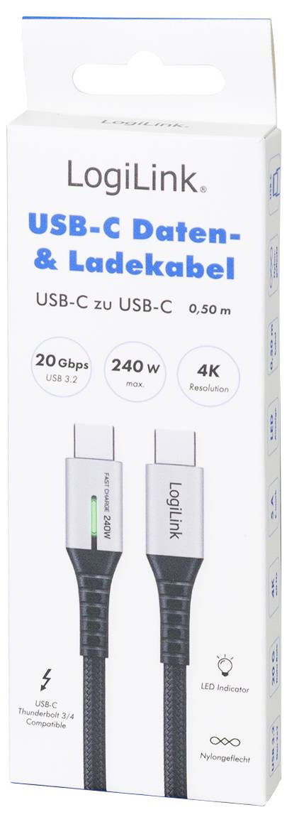 'LogiLink USB-C data and charging cable, USB-C to USB-C, 0.50m, 240W, 20Gbps, supports 4K resolution, includes LED indicator.'