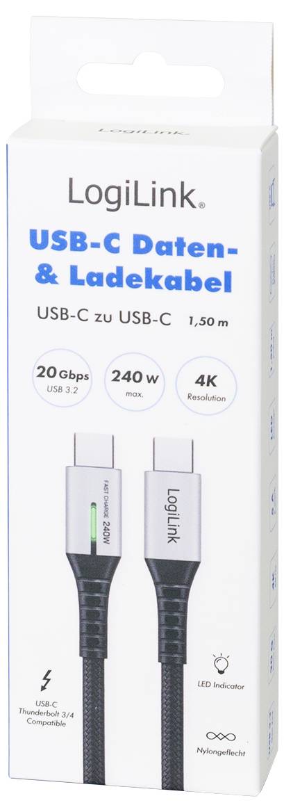 'LogiLink USB-C data and charging cable, 1.5m, 240W, 20Gbps, USB 3.2, 4K resolution, LED indicator, metallic silver connectors.'