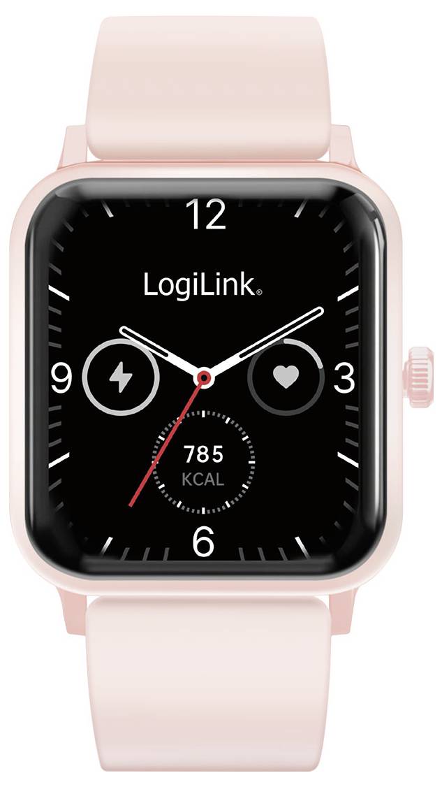 A pink smart watch displaying 'LogiLink' on its screen, with icons for battery, heart rate, and a count of 785 kcal.