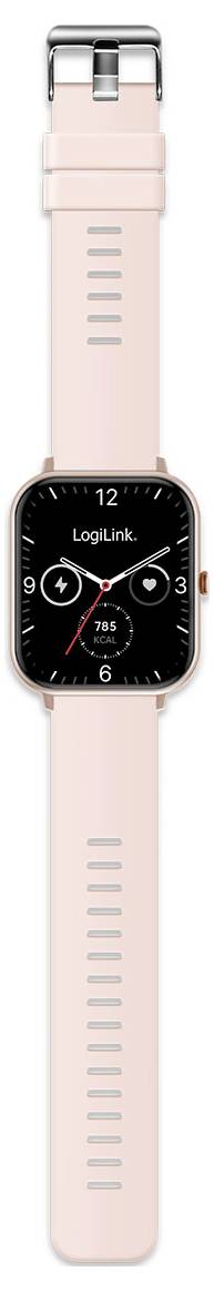 A pink smartwatch with a metallic buckle, displaying an analog-style clock face with two sub-dials and the word 'Loglink' on the screen.
