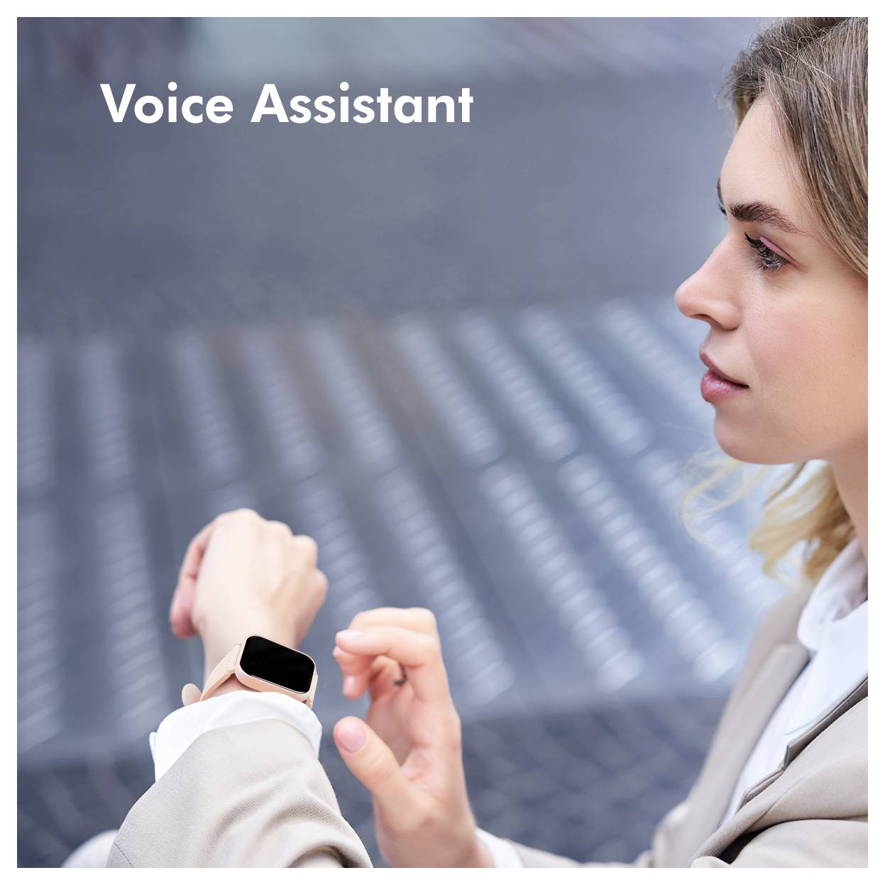 Woman interacting with a smart speaker device, labeled 'Voice Assistant', wearing formal attire and looking focused.