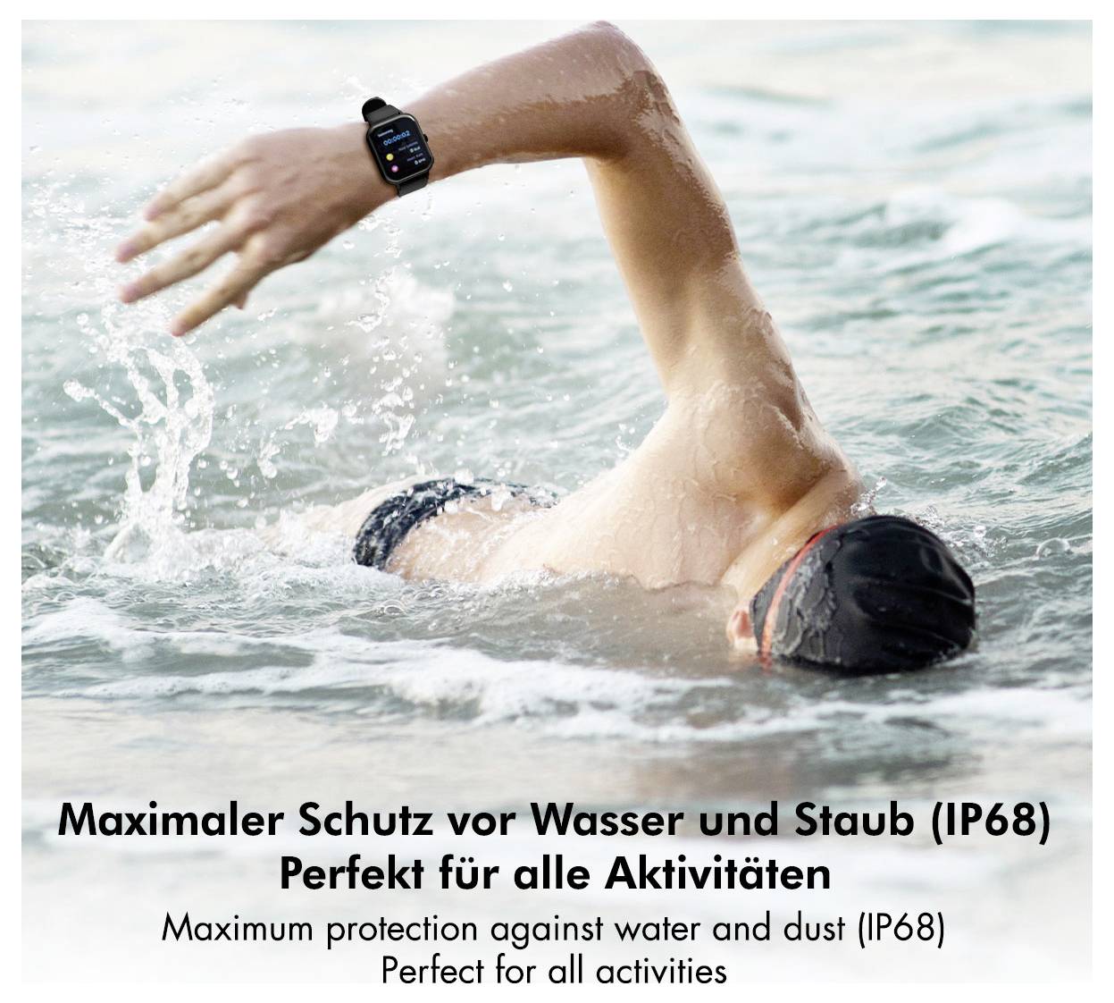 A person swimming in a pool wears a smartwatch. Text reads 'Maximum protection against water and dust (IP68). Perfect for all activities.'