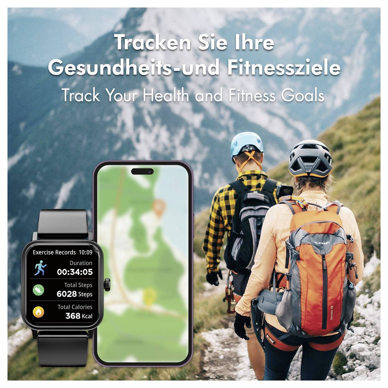 Two hikers on a trail with fitness devices. Text reads 'Tracken Sie Ihre Gesundheits- und Fitnessziele' and 'Track Your Health and Fitness Goals'.