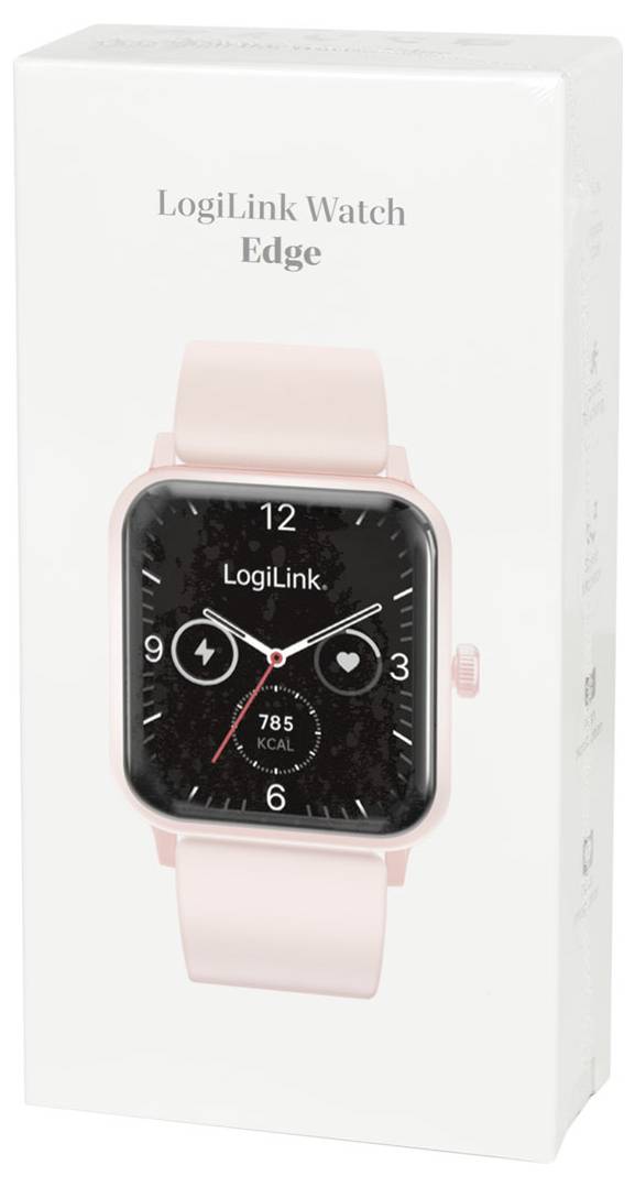 Box for LogiLink Watch Edge with image of the square-faced smartwatch featuring a pink band and black screen displaying time and calories.
