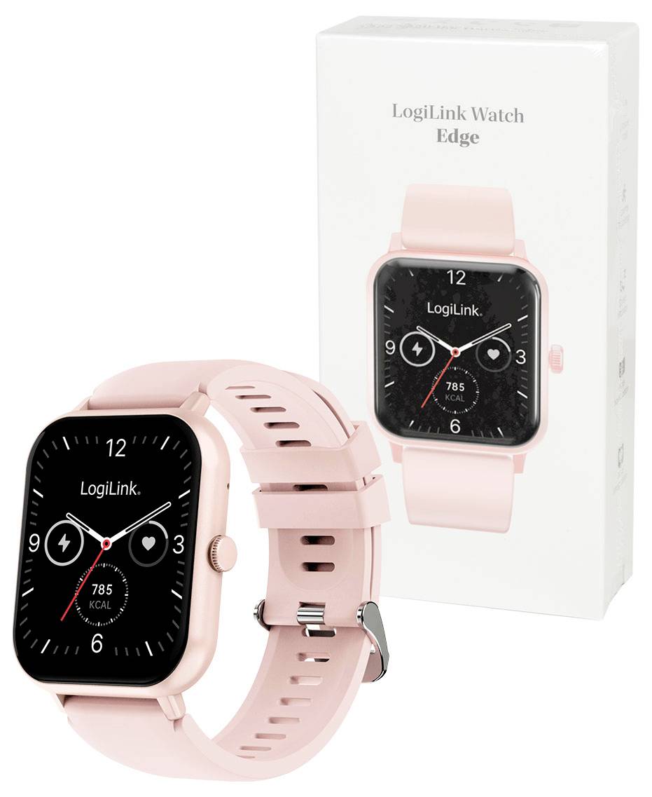 A pink smartwatch with a square face displaying time and activity metrics next to its packaging box labeled 'LogiLink Watch Edge'.