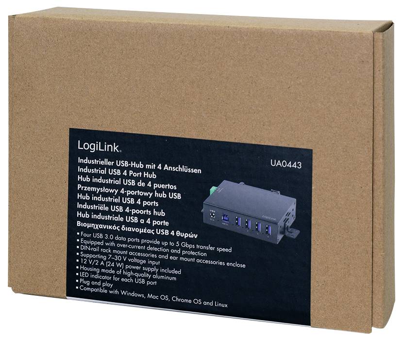 'LogiLink Industrial USB 4 Port Hub' packaging showing a brown box with an image of the hub and multilingual description of features.