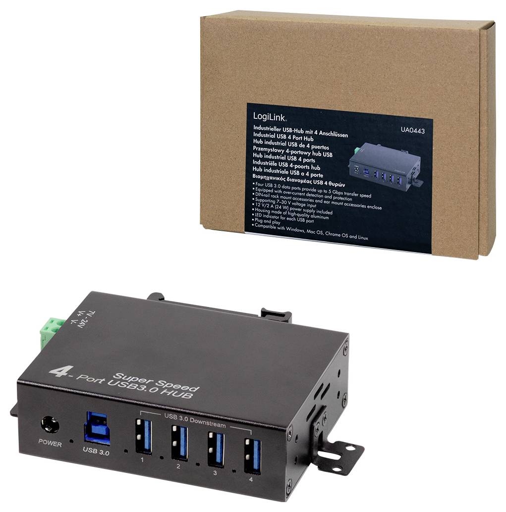 '4-Port USB 3.0 Hub' in black with blue USB ports and power input. Accompanied by brown packaging with product info.