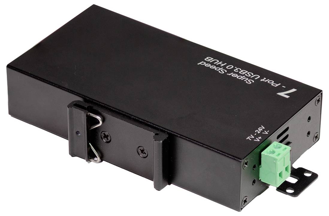 '7 Port USB 3.0 HUB' device with a black rectangular design, mounted bracket, and green power connector, intended for expanding USB connections.