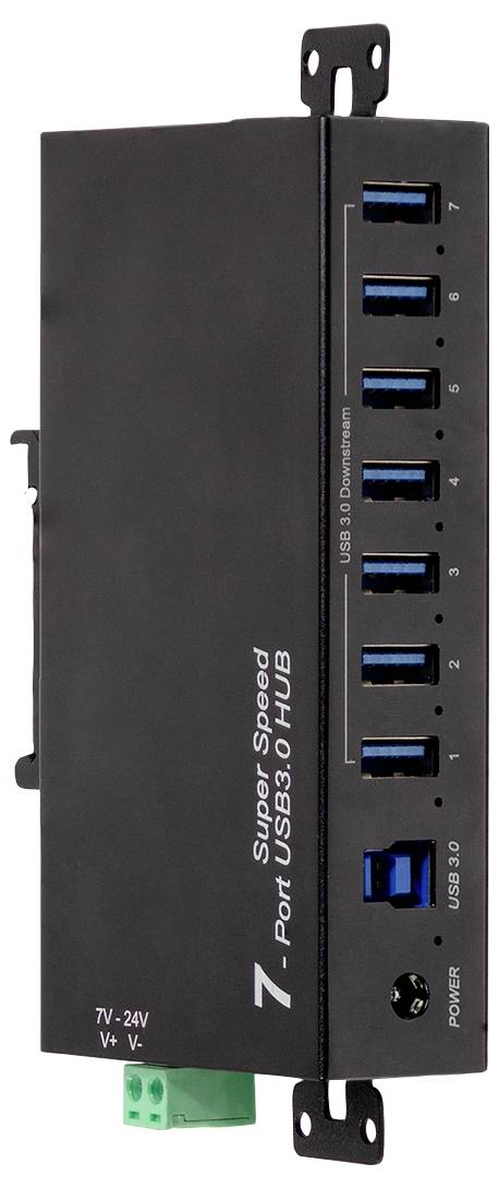A black 7-port USB 3.0 hub with individual power switches for each port and mounting brackets on the sides.