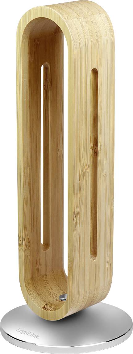 A wooden desktop fan in a minimalist, oval design, with vertical slits for airflow, stands upright on a metallic circular base.